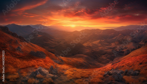 Majestic mountain range, tranquil sunrise, panoramic horizon, heaven on earth generated by AI © Stockgiu