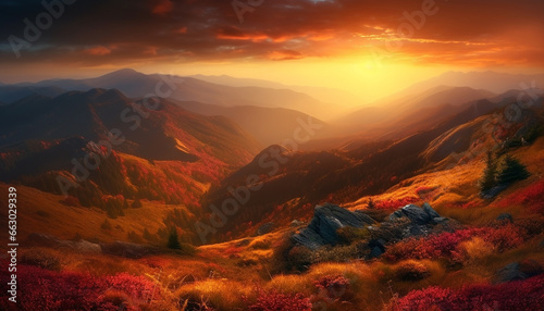 Majestic mountain range  tranquil meadow  multi colored sunset  heaven on earth generated by AI