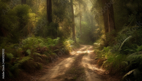 Tranquil forest footpath leads to vanishing point in nature beauty generated by AI