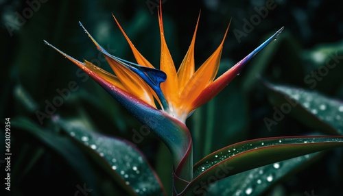 Vibrant tropical flower head in close up, multi colored petals and dewdrop generated by AI
