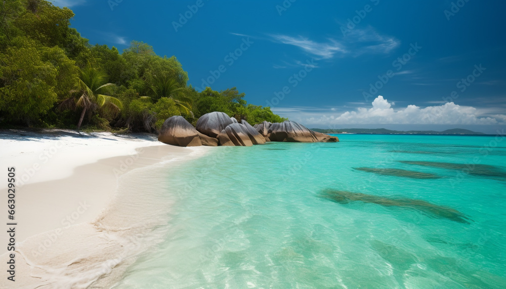 Fototapeta premium Exotic Caribbean coastline, turquoise waters, palm trees, tranquil relaxation generated by AI