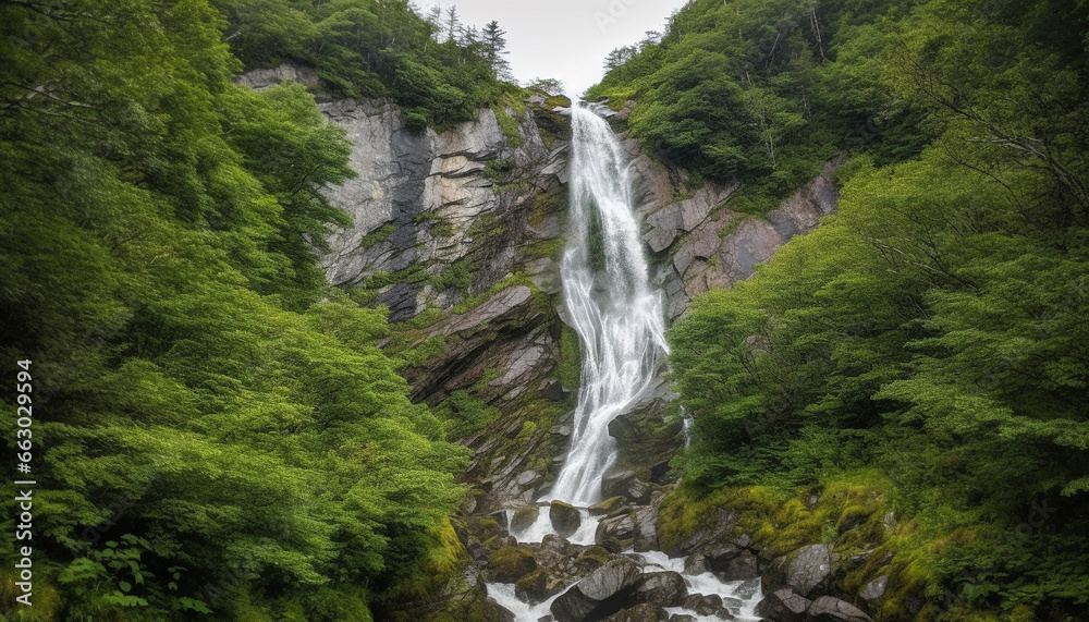 Tranquil scene of flowing water in majestic mountain range generated by AI Tranquil scene of flowing water in majestic mountain range generated by AI