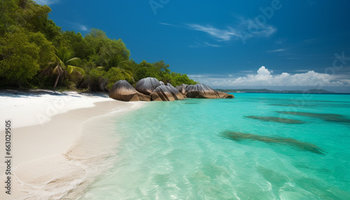Exotic Caribbean coastline, turquoise waters, palm trees, tranquil relaxation generated by AI