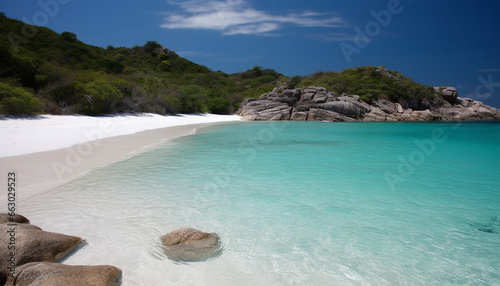 Tranquil scene of turquoise waters and green mountains on Caribbean vacation generated by AI