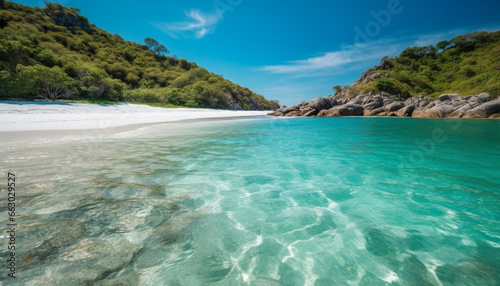 Idyllic tropical coastline, transparent water, tranquil scene, beauty in nature generated by AI