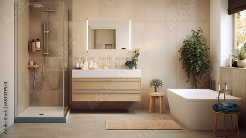 A stylish and modern bathroom with patterned tiles and neutral walls  the high-resolution camera highlighting the chic and spa-like design.