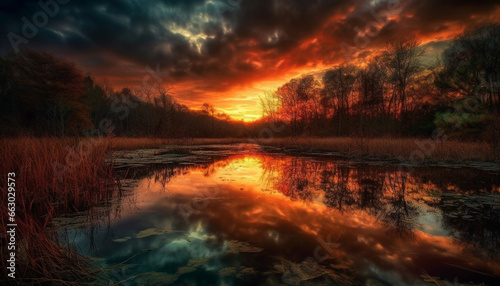 Tranquil sunset reflects vibrant beauty of nature in rural landscape generated by AI