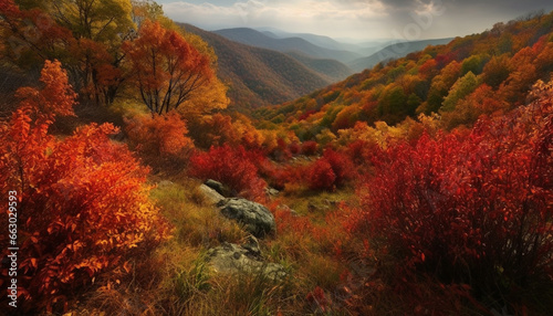 Vibrant autumn landscape multi colored trees, tranquil meadows, and mountain peaks generated by AI © Stockgiu