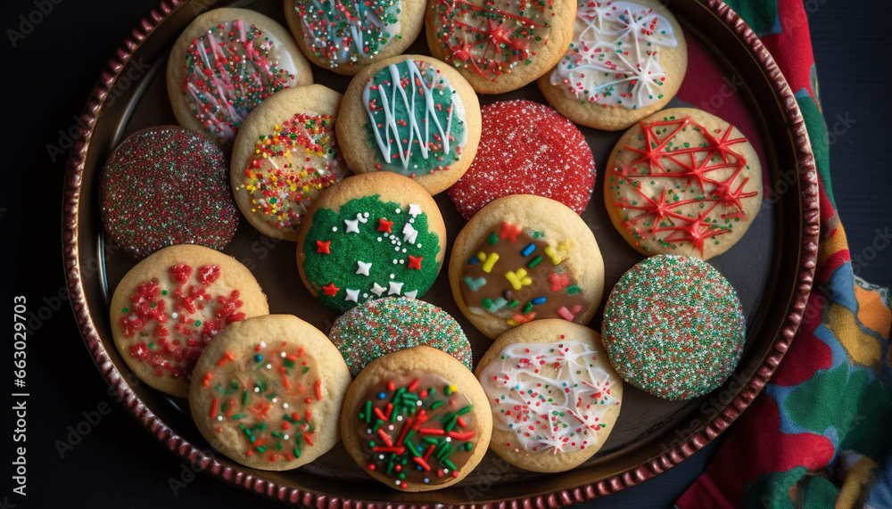 Fototapeta premium Multi colored cookies and candy canes adorn the ornate dessert plate generated by AI