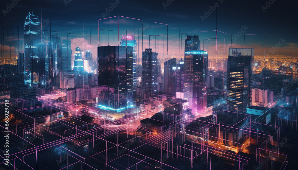 Futuristic skyscraper cityscape glows blue in digitally generated image generated by AI