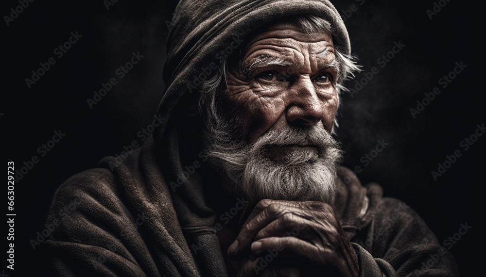 Gray haired senior man with beard and wrinkles looking sad generated by AI Gray haired senior man with beard and wrinkles looking sad generated by AI
