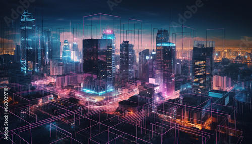 Futuristic skyscraper cityscape glows blue in digitally generated image generated by AI © Stockgiu