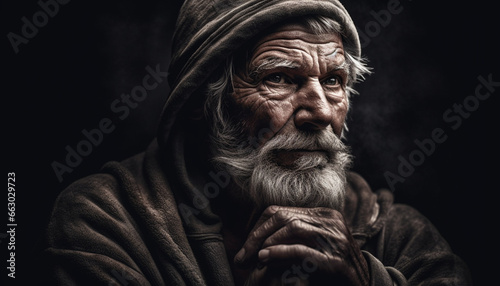 Gray haired senior man with beard and wrinkles looking sad generated by AI