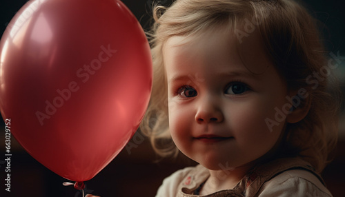Cute toddler holding multi colored balloon, smiling with joy outdoors generated by AI