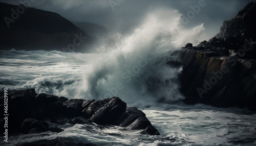 Spray spraying, waves crashing, rocks breaking, nature beauty in motion generated by AI