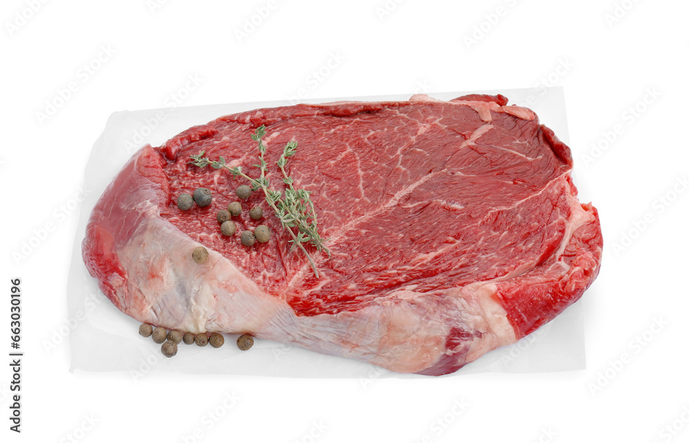 Obraz premium Piece of raw beef meat, peppercorns and thyme isolated on white