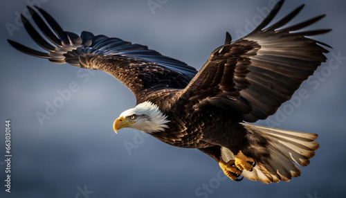 Spread wings, majestic bald eagle in mid air, hunting prey generated by AI