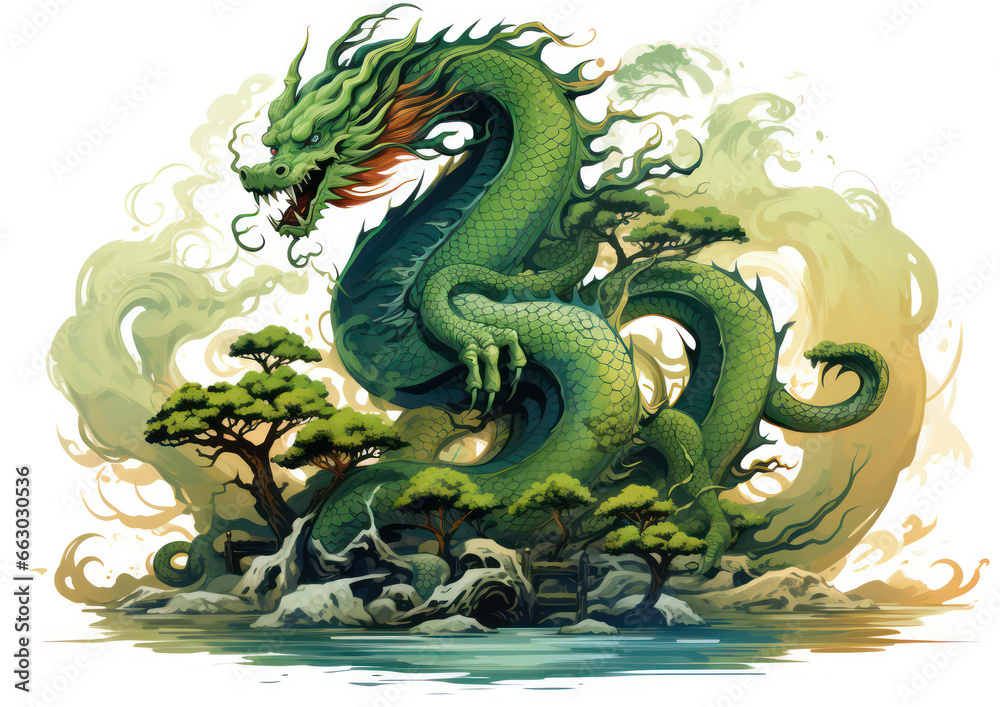 Fototapeta premium chinese green tree dragon according to the eastern calendar, generative ai