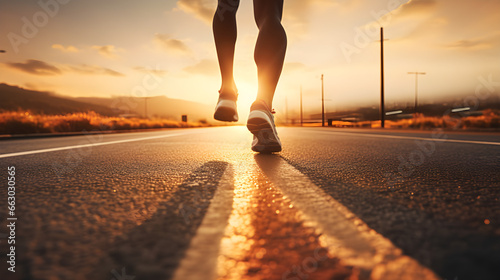 Stride of Determination, Athlete's Feet Running Towards the Morning Sunlight photo