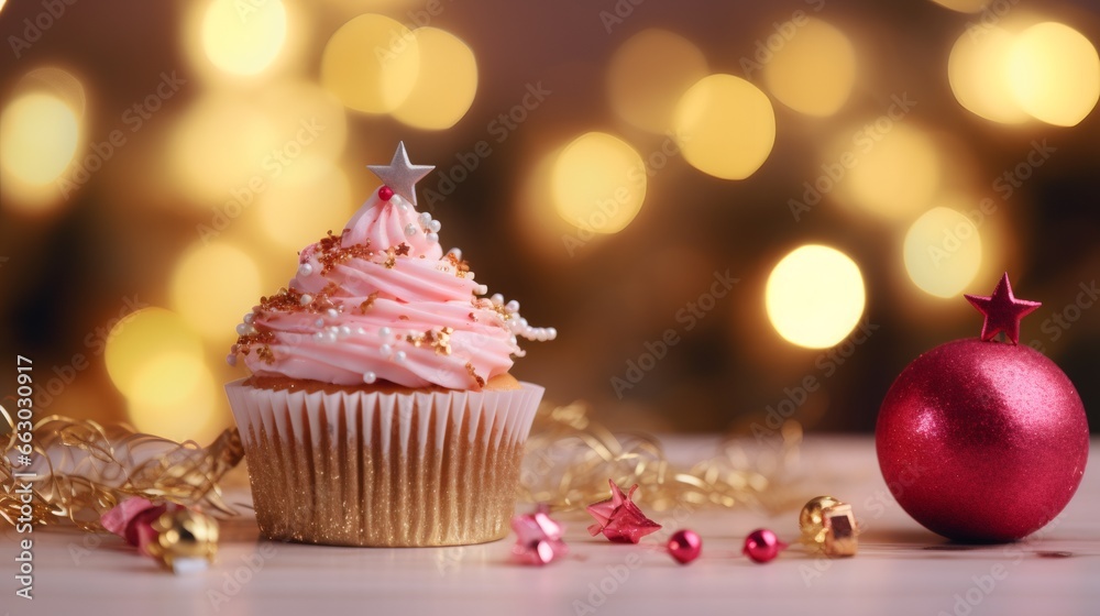 One pink cupcake with a Christmas tree toy on the table. One pink cupcake with a Christmas tree toy on the table.
