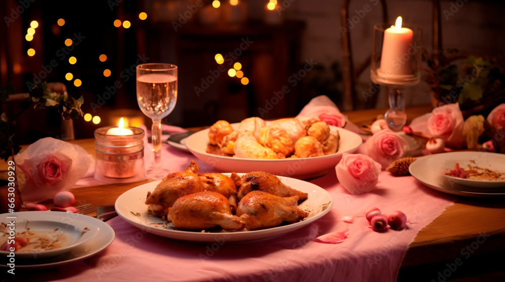 Chicken meat in plates with candles on the table.
