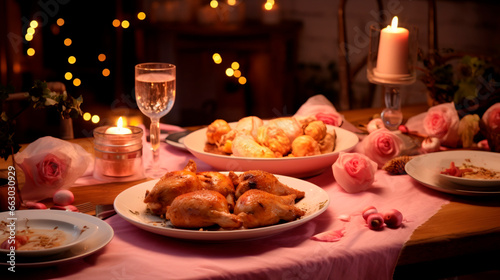 Chicken meat in plates with candles on the table.