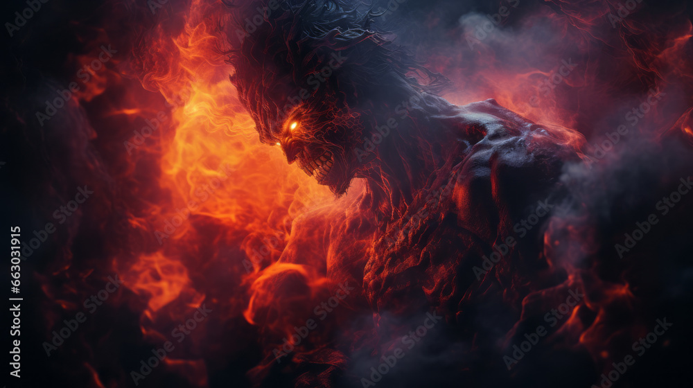 Flaming demon. Devil in the flames of fire. Fiery monster. Scary Fantasy monster. Terrible Fire Demon from hell. Red glowing eyes. Lord of Hell. Satan.
