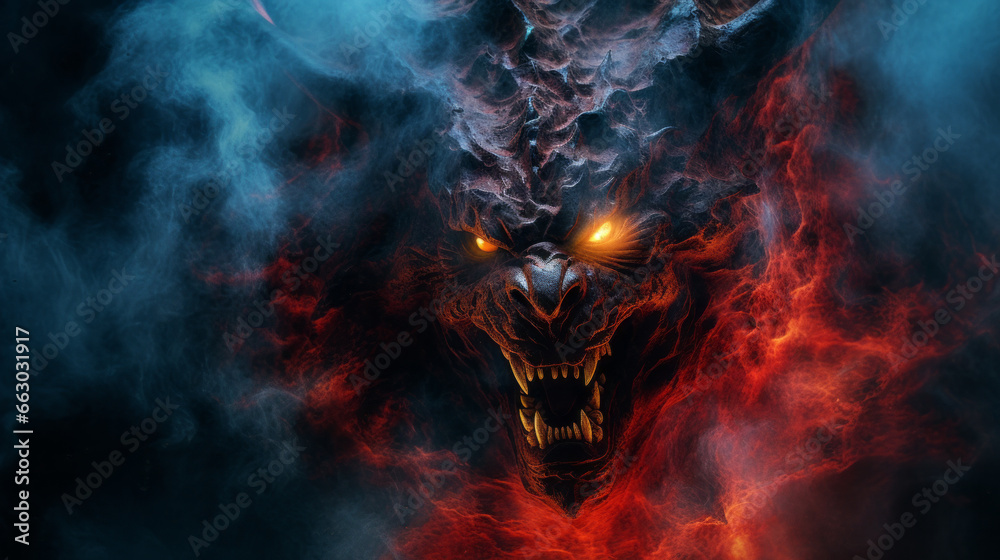 Flaming demon. Devil in the flames of fire. Fiery monster. Scary Fantasy monster. Terrible Fire Demon from hell. Red glowing eyes. Lord of Hell. Satan.