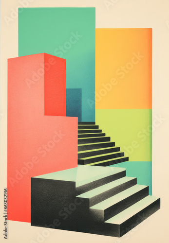 Vintage photo collage     Architectural design poster  with modern trendy style  tropical pastel colors  and architectural detail  staircase  railing  indoor plants