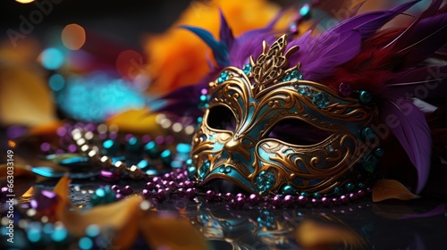 A Mardi Gras mask with beads and feathers. Generative AI.  © Elle Arden 