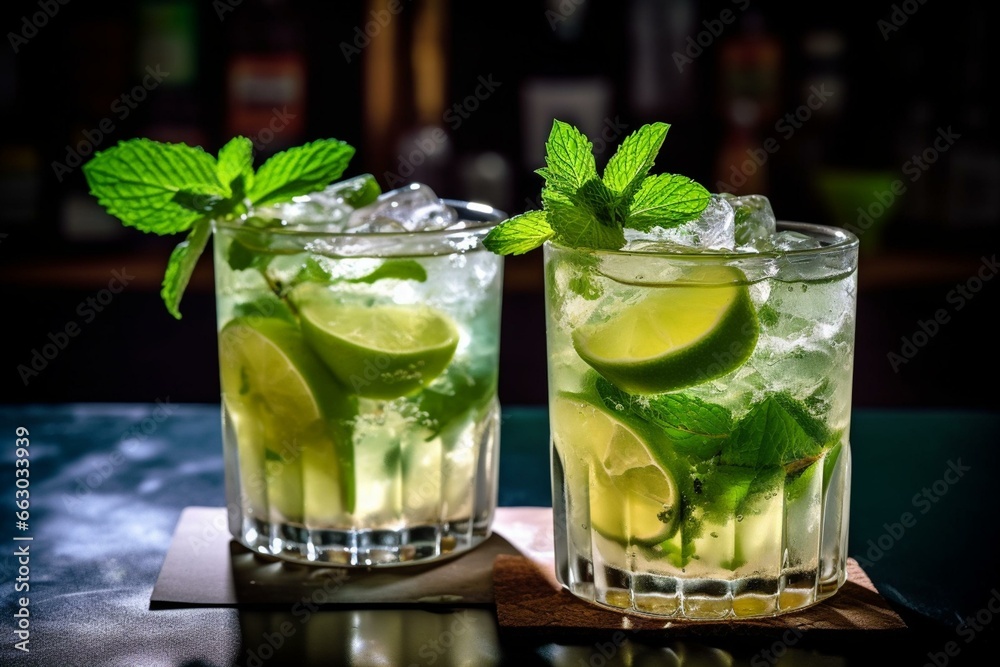 Two delicious mojito cocktails, ice cubes, taiti lime, and mint leaves. Generative AI Two delicious mojito cocktails, ice cubes, taiti lime, and mint leaves. Generative AI