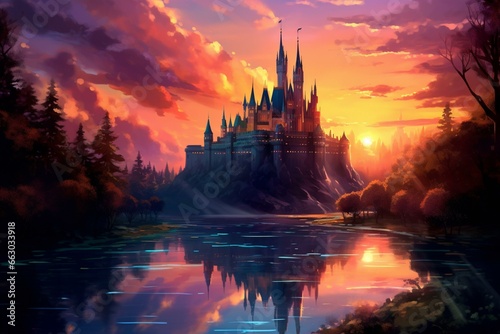 Illustration of a magical sunset landscape with castle, forest, and lake. Generative AI