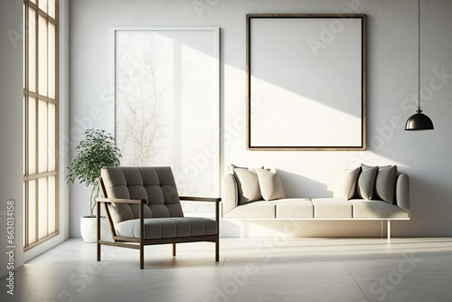 horizontal frame mockup in modern minimalistic living room with light beige armchair and sofa  sunbeams on wall  beige wall  and concrete floor. Generative AI