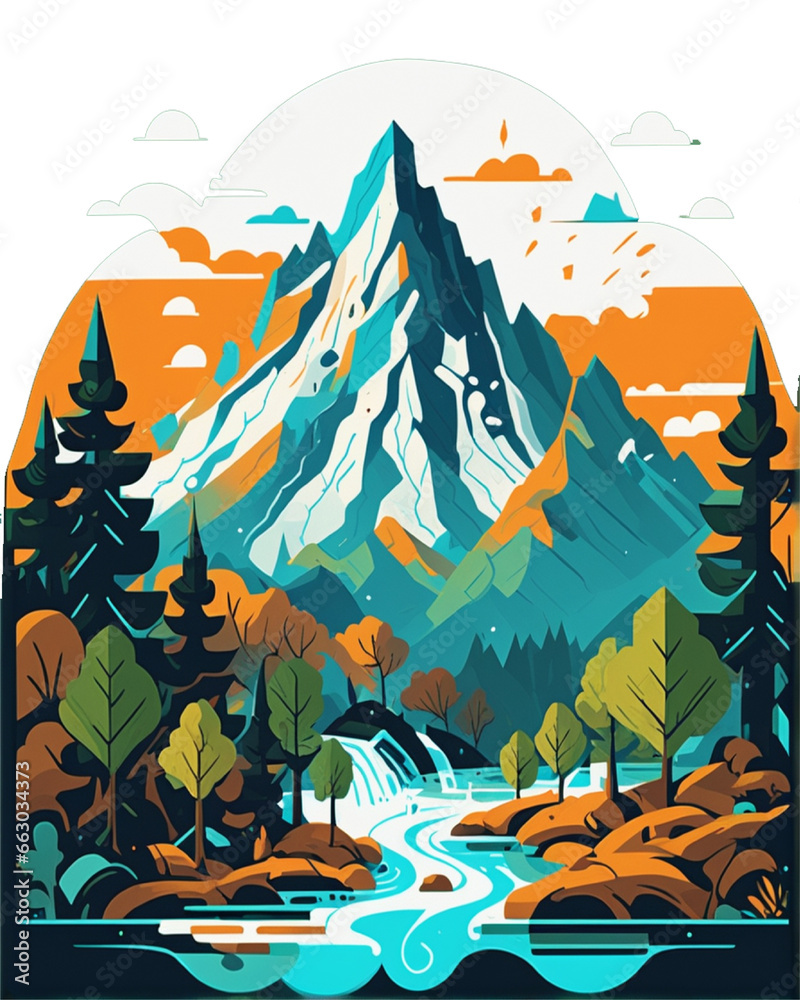 mountain painting with trees and water, detail painting, environment, detail painting, outline art, 2d game art, print as t-shirt, poster, Generative AI
