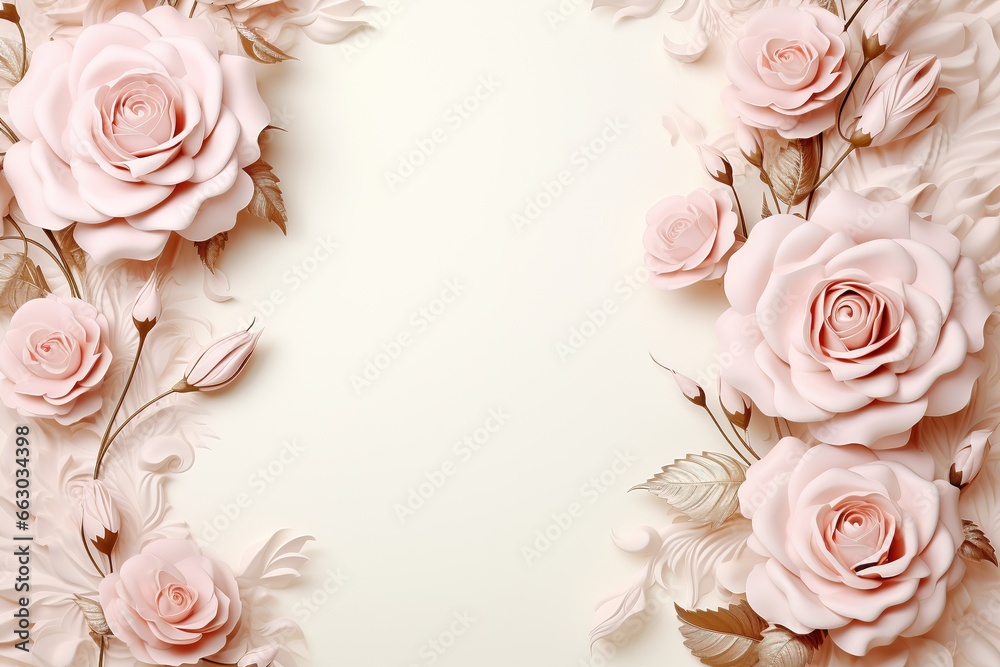 Floral frame with pink roses on white background, Flat lay, top view ...