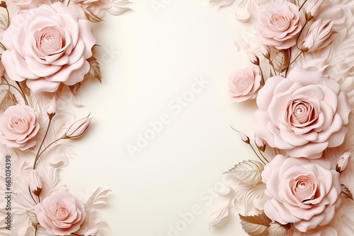 Floral frame with pink roses on white background, Flat lay, top view, Ai Generated