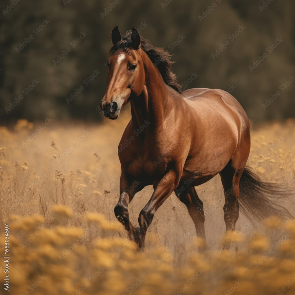 Obraz premium a brown horse galloping on a golden