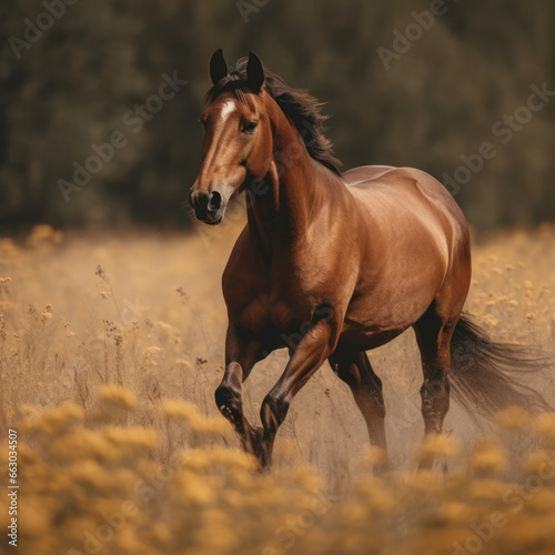  a brown horse galloping on a golden 