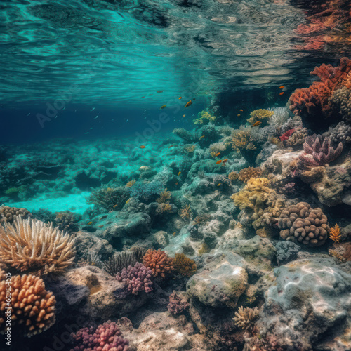  a coral reef hugging a azure sea 