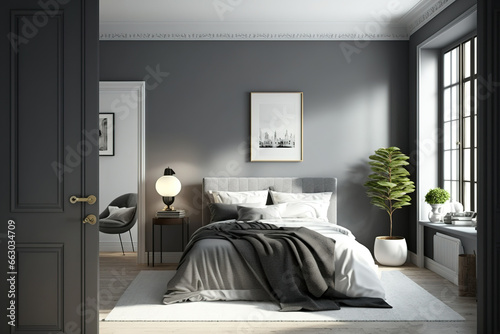 Gray bedroom corner with king-sized bed and modest bathroom. mockup. Generative AI photo