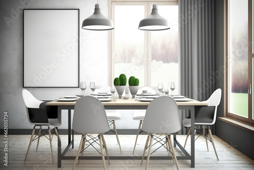 Dining area in gray and wood with a tall white table, contemporary seats, and a poster. double-exposure toned picture prototype. Generative AI