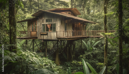 Rustic hut on stilts in tranquil tropical rainforest landscape generated by AI