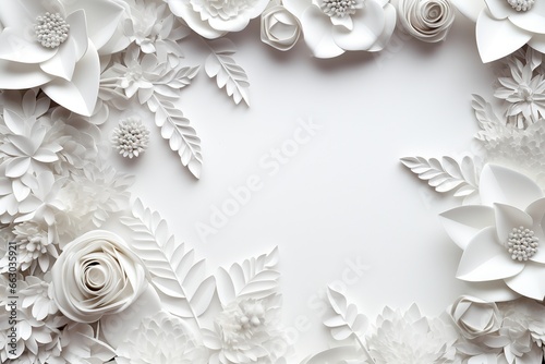 White paper flowers on white background. Flat lay, top view, Ai Generated