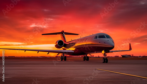 Flying commercial airplane taking off at sunset with blue sky generated by AI