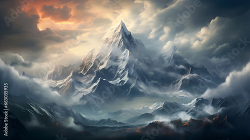 Majestic snow-capped mountain peaks surrounded by billowing clouds © ELmidoi-AI