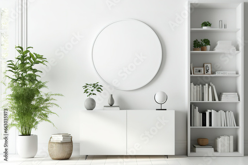 Front view of light living room interior with empty white poster on sideboard  books  round mirror  candles  white wall. Minimalism. Mockup. Generative AI