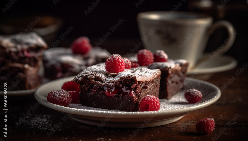 Fresh raspberry dessert on a wooden plate, indulgent and homemade generated by AI Fresh raspberry dessert on a wooden plate, indulgent and homemade generated by AI
