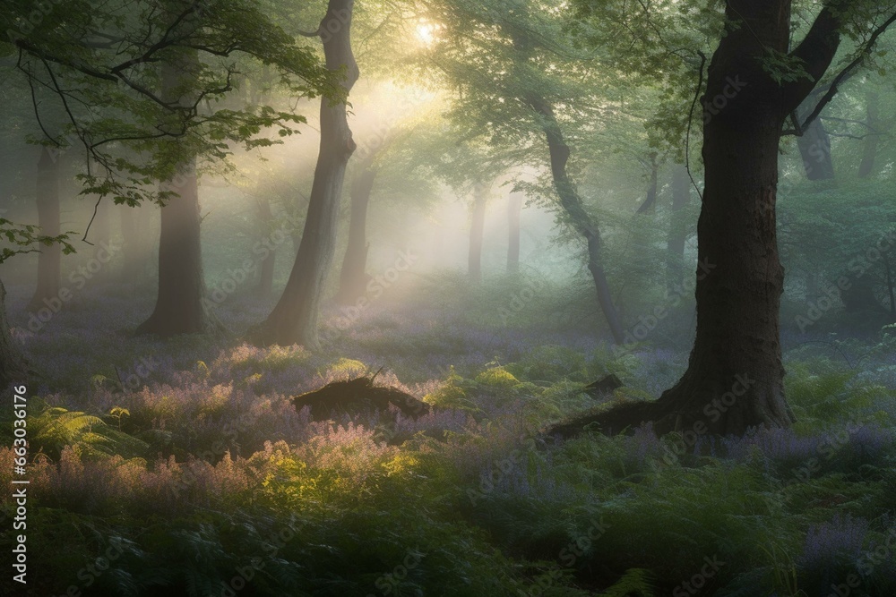 Enchanting woodland at dawn. Generative AI