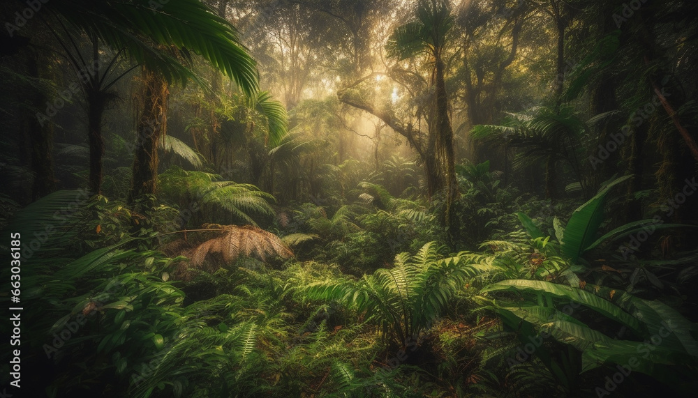 Lush green forest, tropical rainforest, tranquil scene, palm tree, sunlight generated by AI