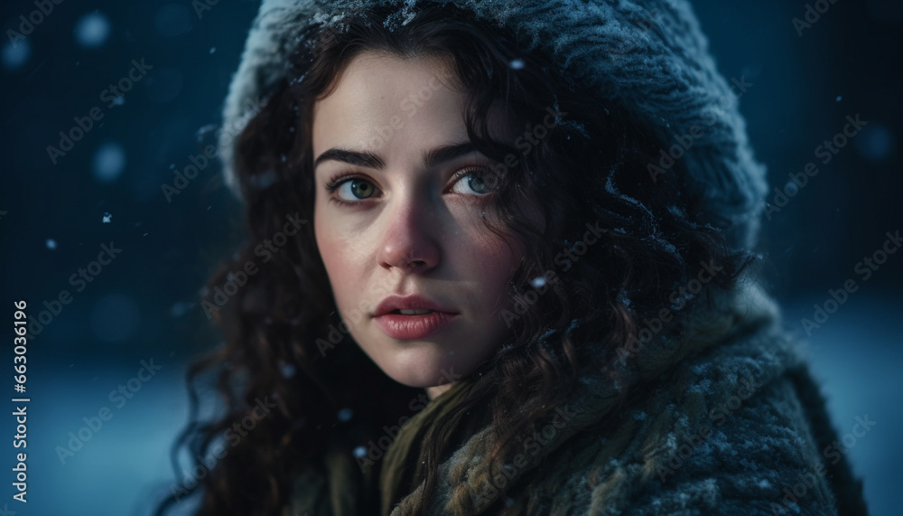 One young adult woman, portrait of beauty in winter generated by AI One young adult woman, portrait of beauty in winter generated by AI